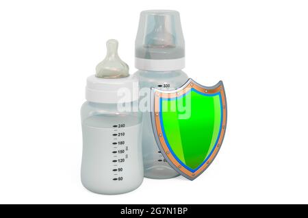 Milk bottles with shield, 3D rendering isolated on white background ...