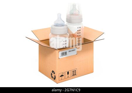 Baby bottles inside cardboard box, delivery concept. 3D rendering isolated on white background Stock Photo