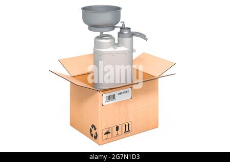 Milk separator inside cardboard box, delivery concept. 3D rendering isolated on white background Stock Photo