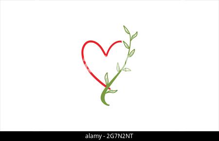 red heart with green leaf floral botanical icon logo minimalist design Stock Vector