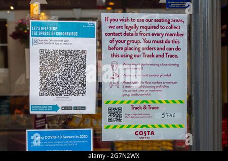 Eton, Windsor, Berkshire, UK. 14th July, 2021. Covid-19 notices at the Costa Coffee restaurant in Eton High Street. 1200 scientists and doctors have spoken out against the removing of social distancing and the legal requirement to wear face masks whilst in shops from Monday 19th July 2021 as they fear this will increase the growing number of Covid-19 cases even further. Credit: Maureen McLean/Alamy Stock Photo