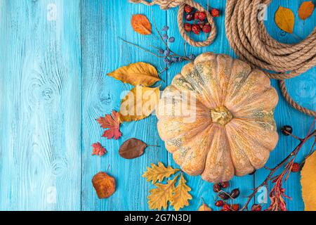 Bright, autumn, festive background with pumpkin, berries and leaves on a blue background. Top view, copy space. Stock Photo