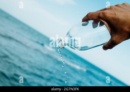 Closeup Of A Glass Reusable Water Bottle On The Seashore Of A