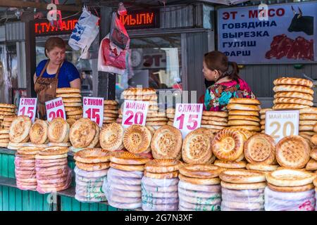 Examples of various flat breads, Osh Bazaar, Bishkek, Kyrgyzstan Stock Photo