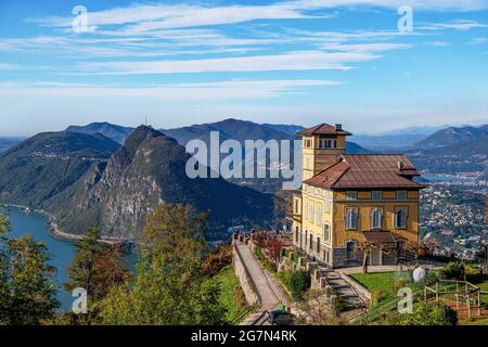 View from Monte Bre on Monte San Salvatore and on Lugano (Switzerland) over the Lake Lugano Stock Photo