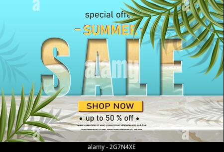 summer banner with sand with sunbeams and tropical leaves, summer vibes. Stock Vector
