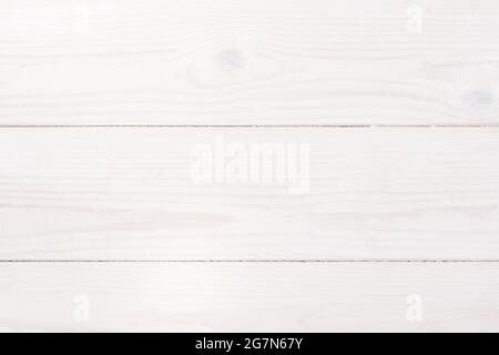 White wooden background top view. The texture of painted pine wood for layouts, designs, posters, wallpapers. An empty white table. Horizontal three b Stock Photo