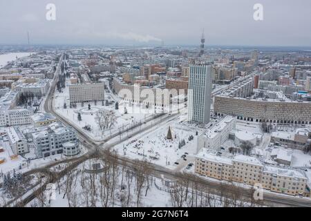 Arkhangelsk, Russia - January 1, 2021: Winter landscape, top view of the city. Stock Photo