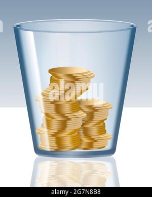 Gold coins are seen inside a glass tumbler in a 3-d illustration about saving money. Stock Photo