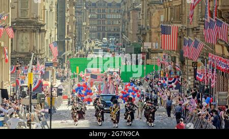 Glasgow, Scotland, UK,  15th  July, 2021.Indiana jones filming continued today as traffic restrictions start from  in the city centre and the shop fronts and decorations are finished as locals  as the astronaut paraddecame along st vincent street with indiana jones astride a horse . A hot day under nder a well guarded set. Credit Gerard Ferry/Alamy Live  News Stock Photo