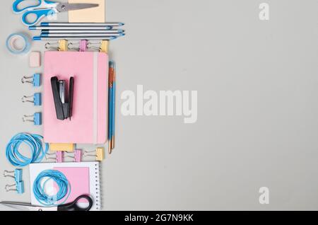 Different school supplies on light grey background Stock Photo