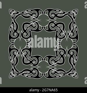 ethnic eastern tile pattern with elegant black and white tracery on green background Stock Vector