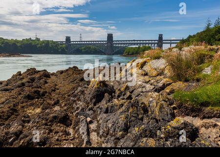 The Britannia Bridge from a small island in the Menai Strait at low-tide, Anglesey, North Wales Stock Photo