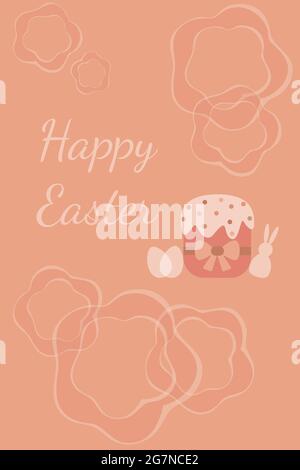 Happy Easter card with the inscription, pie, eggs, rabbit, on a pink background for your design Stock Vector