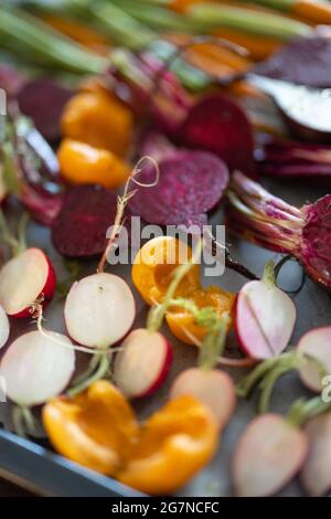 Fresh baked root vegetables Stock Photo
