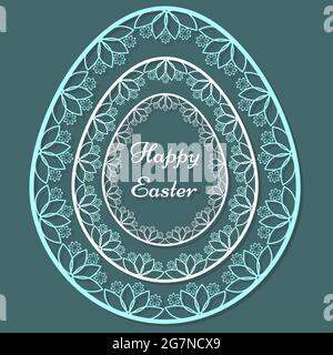 happy easter, contour lace egg white, blue, on a blue background for your design Stock Vector