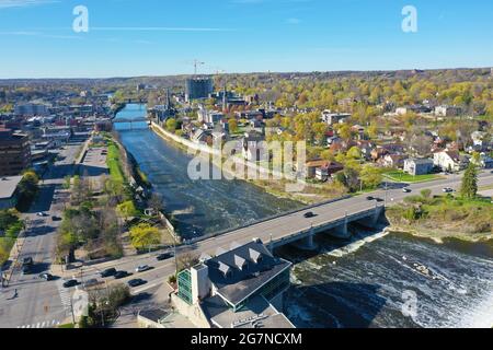 An aerial of the city of Cambridge, Ontario, Canada by the Grand River Stock Photo