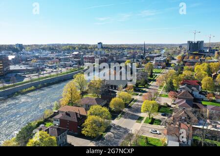 An aerial of the city of Cambridge, Canada by the Grand River Stock Photo