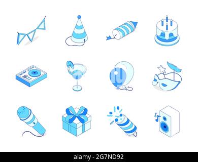 Birthday party - modern line isometric icons set. Holiday celebration symbols, festival elements. Flags, hat, petard, cake, cocktail, balloons, mask, Stock Vector