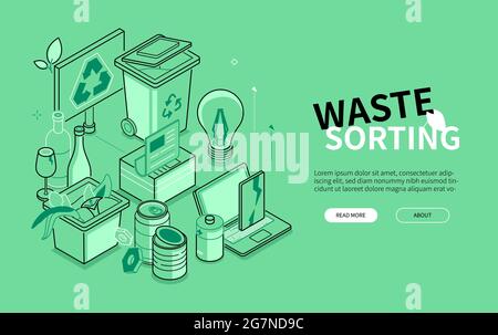 Waste sorting - line design style isometric banner. Ecology, recycling and environment conservation header. Glass, tin, organic, batteries, electronic Stock Vector