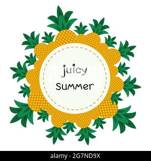 round frame background of pineapples lettering juicy summer Stock Vector