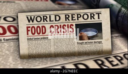 Food crisis news, famine and hunger disaster. Newspaper print. Vintage ...