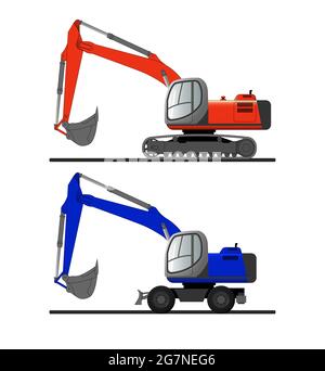 A set of vector images of a bucket excavator on crawler and wheeled chassis. Construction machinery Stock Vector