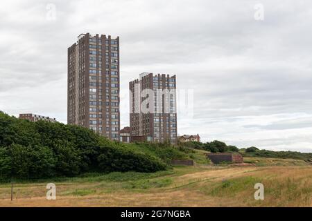 The Cliff High Rise Flats, New Brighton, Wallasey, Wirral, UK. Two 16-storey tower blocks on the seafront, built in 1962 Stock Photo