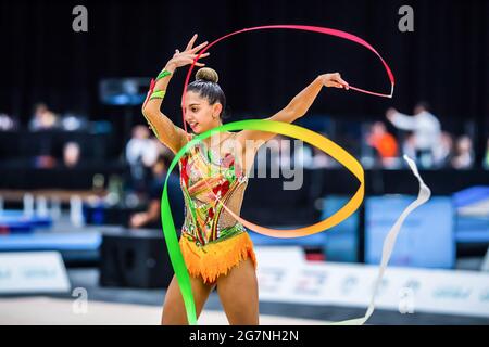 Gold Coast, Australia. 14th May, 2021. Australian Senior International Rhythmic Gymnast Ashari Gill shows off her ribbon skills at the Australian Gymnastics Championship 2021. Credit: SOPA Images Limited/Alamy Live News Stock Photo