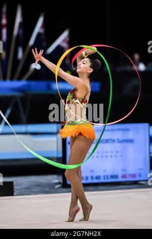 Gold Coast, Australia. 14th May, 2021. Australian Senior International Rhythmic Gymnast Ashari Gill shows off her ribbon skills at the Australian Gymnastics Championship 2021. Credit: SOPA Images Limited/Alamy Live News Stock Photo