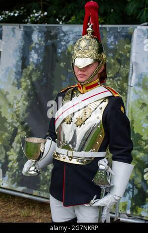 Windsor, Berkshire, UK. 3rd July, 2021. The Blues and Royals at the Royal Windsor Horse Show. Trooper Dickinson (pictured) was awarded the Best Turned Out Trooper. Credit: Maureen McLean/Alamy Stock Photo