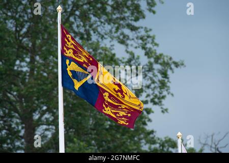 Windsor, Berkshire, UK. 3rd July, 2021. The Royal Standard files as The Musical Ride of the Household Cavalry perform at Royal Windsor Horse Show. Credit: Maureen McLean/Alamy Stock Photo