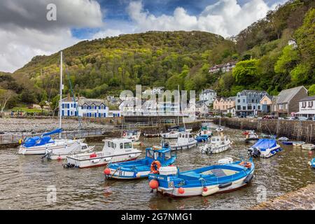 The picturesque village of Lynmouth and the harbour at high tide, North Devon, England. Stock Photo