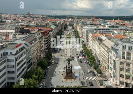 Wenceslas square in Prague as seen from its upper end, from the building of the National Museum. Stock Photo