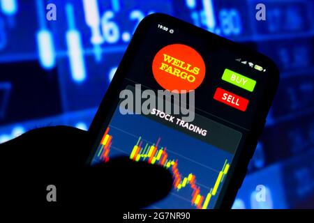 Brazil. 15th July, 2021. In this photo illustration the Wells Fargo logo seen on a smartphone screen with stock trading. (Photo by Rafael Henrique/SOPA Images/Sipa USA) Credit: Sipa USA/Alamy Live News Stock Photo