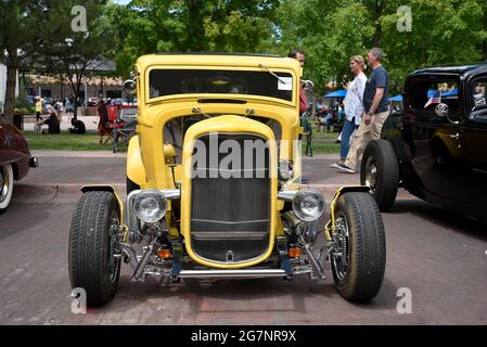 A customized hot rod on display at a classic and antique car show in Santa Fe, New Mexico. Stock Photo