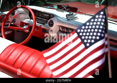 A vintage 1950s Cadillac convertible on display at a Fourth of July car show in Santa Fe, New Mexico. Stock Photo