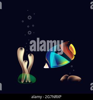 Fish neon glowing, illumination, aquarium, bottom under water, glowing fish, stones polyps tube corals, dark background. Vector illustration Stock Vector