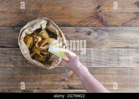 Hand depositing fruit scraps in paper bag with compostable fruit peels. Copy space. Stock Photo