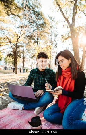 Vertical shot of Hispanic friends using a laptop sitting on a picnic blanket in an autumn park Stock Photo