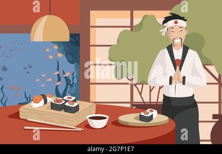 Healthy and tasty Japanese food vector flat illustration. Japan chef making sushi in restaurant. Different types of sushi and rolls. Traditional Japan rolls with caviar, fresh salmon, and rice. Stock Vector