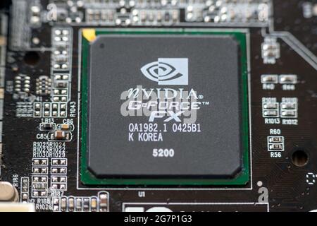 Timisoara, Romania - March 30, 2020: Close-up of a nVIDIA GeForce FX 5200 graphics processor. Electronic components Stock Photo