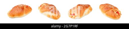 Fresh bread product isolated on white background. Set of photos of hot pie with filling, isolated on a white background. Photo in different angles. Stock Photo