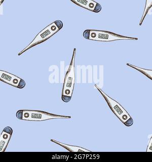 Seamless pattern with hand drawn colored medical thermometer Stock Vector