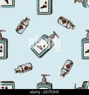 Seamless pattern with hand drawn colored sanitizer bottles Stock Vector