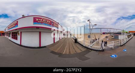 360 degree panoramic view of Great Yarmouth, Norfolk, UK – July 2021. A view captured from the historical and traditional Britannia pier.