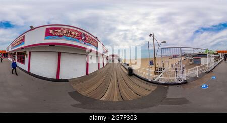 360 degree panoramic view of Great Yarmouth, Norfolk, UK – July 2021. A view captured from the historical and traditional Britannia pier.