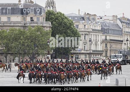 Paris, France. 14th July, 2021. The riders of the republican guard attend the military parade on Bastille Day July 14th on the Champs Elysees Avenue Stock Photo