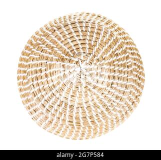 top view of closed moroccan wicker basket from seagrass isolated on white background Stock Photo
