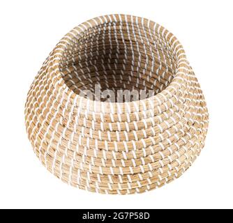 open empty moroccan wicker basket from seagrass isolated on white background Stock Photo